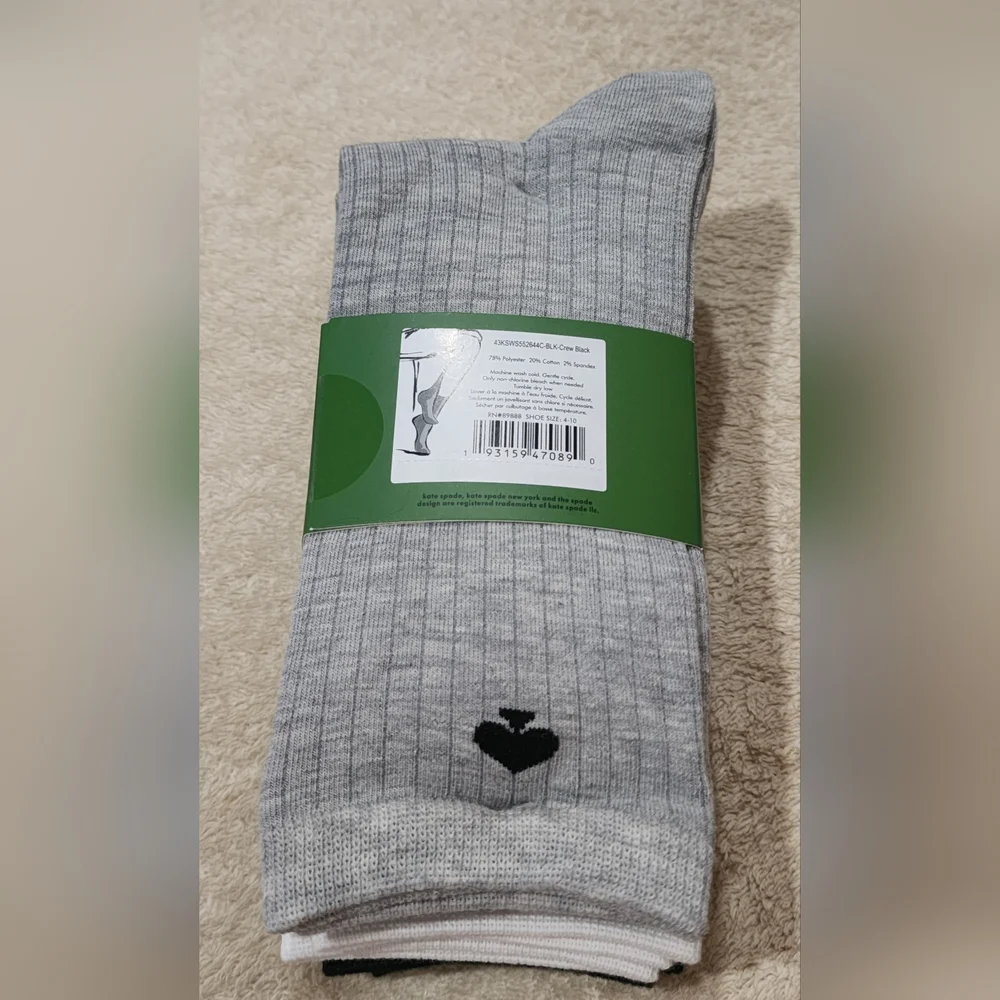 Kate Spade Black White Gray Heart Crew Socks 6 Pk New